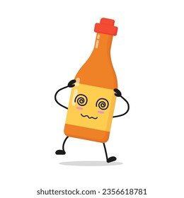 Cute dizzy chili sauce bottle character. Funny confused food cartoon emoticon in flat style. chili sauce bottle emoji vector illustration