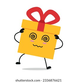 Cute dizzy gift box character. Funny drunk gift box cartoon emoticon in flat style. present emoji vector illustration