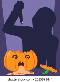 Calabaza de Halloween mareada con vómitos de cabeza abierta y sombra humana con cuchillo afilado detrás