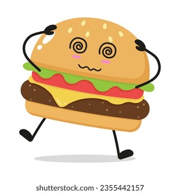 Cute dizzy hamburger character. Funny confused cheeseburger cartoon emoticon in flat style. junk food vector illustration