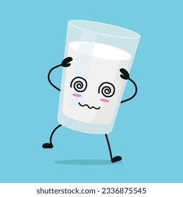 Cute dizzy milk glass character. Funny drunk milk cartoon emoticon in flat style. dairy emoji vector illustration