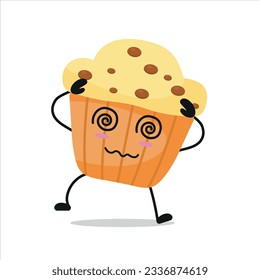 Cute dizzy muffin character. Funny drunk cupcake cartoon emoticon in flat style. bakery emoji vector illustration