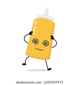 Cute dizzy mustard sauce bottle character. Funny confused food cartoon emoticon in flat style. mayonnaise bottle emoji vector illustration