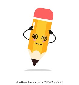 Cute dizzy pencil character. Funny confused school equipment cartoon emoticon in flat style. pencil vector illustration