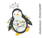 Cute dizzy penguin trapped in Christmas garland lights. Vector clip art.