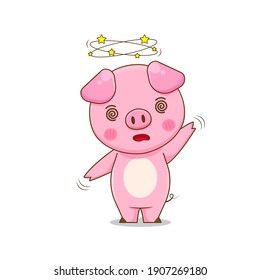 Cute dizzy Pig. Vector illustration of chibi character isolated on white background.