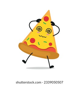 Cute dizzy pizza character. Funny drunk pie cartoon emoticon in flat style. food emoji vector illustration