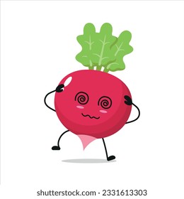 Cute dizzy radish character. Funny drunk radish cartoon emoticon in flat style. vegetable emoji vector illustration