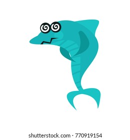 Cute dizzy shark cartoon character with rotating eyes, funny blue fish vector Illustration