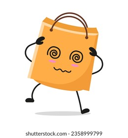 Cute dizzy shopping bag character. Funny confused paper bag cartoon emoticon in flat style. bag emoji vector illustration