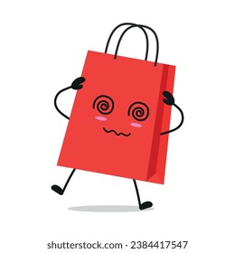 Cute dizzy shopping bag character. Funny confused paper bag cartoon emoticon in flat style. closet vector illustration