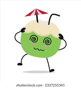 Cute dizzy slice coconut character. Funny drunk coconut cartoon emoticon in flat style. fruit emoji vector illustration