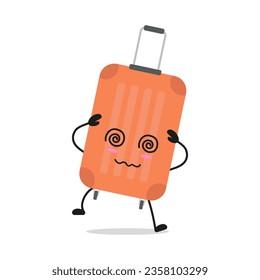 	
Cute dizzy suitcase character. Funny confused briefcase cartoon emoticon in flat style. bag emoji vector illustration