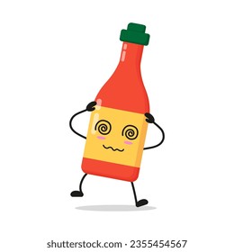 Cute dizzy tomato sauce bottle character. Funny confused tomato sauce cartoon emoticon in flat style. food vector illustration