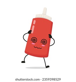 Cute dizzy tomato sauce bottle character. Funny confused food cartoon emoticon in flat style. tomato sauce bottle emoji vector illustration