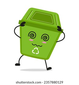 Cute dizzy trash bin character. Funny confused dustbin cartoon emoticon in flat style. wastebin emoji vector illustration