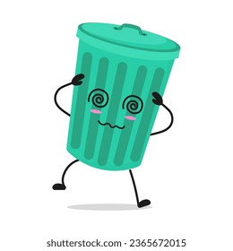 Cute dizzy trash can character. Funny confused dustbin cartoon emoticon in flat style. garbage vector illustration