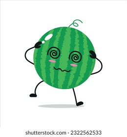 Cute dizzy watermelon character. Funny drunk watermelon cartoon emoticon in flat style. Fruit emoji vector illustration