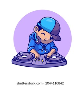 Cute DJ Playing Music Cartoon Vector Icon Illustration. People Music Icon Concept Isolated Premium Vector. Flat Cartoon Style
