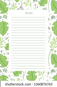 Cute To Do list with fresh green tropical leaves for notes printable. Vector illustration.