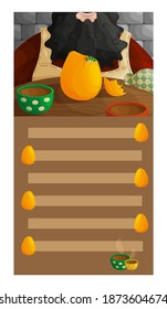 Cute to do list template. Bearded man at the table with hot drinks in colorful mugs in the background. Dragon birth from the cracked egg. Grid for notes. Flat style illustration.