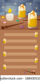 Cute to do list template. Butter beer, magic wands and candies on the wooden table. Brightly shining candle. Grid for notes. Flat style illustration.