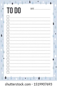 Cute To Do List template with check and place for thing and date in Scandinavian style. Blank planner with notes on background with blue and glitter rain. Stylish organizer design. Vector illustration