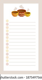 Plantilla de lista personalizada. Bolas coloridas con bebidas calientes. Cuadrícula para notas. Ilustración de estilo plano.