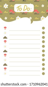 Cute to do list template with floral pattern and elements: mushrooms, chamomiles, grass. Lines for notes. White background. Flat style illustration.