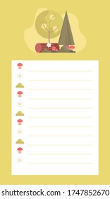 Cute to do list template with floral elements: mushrooms, chamomiles, grass, a log, a green tree and a spruce. Lines for notes. White and green background. Flat style illustration.