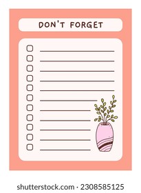 Cute to do list template with floral element. Funny design of daily planner, schedule or checklist. Perfect for planning, memo, notes and self-organization. Vector hand-drawn illustration.