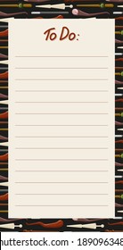 Cute to do list template. Pattern with magic wands of different shapes. Hand drawn lettering. Copy space for notes. Flat style illustration.