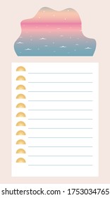 Cuto de hacer lista de plantilla con un lindo paisaje marino con puesta de sol o amanecer. Estrellas en el cielo y pequeñas olas. Líneas para notas. Fondo rosa. Ilustración de estilo plano.