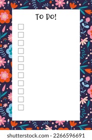 Cute to do list template, with spring vibe and flower pattern, cartoon style. Printable A4 paper for bullet journal page. Trendy modern vector illustration, hand drawn, flat 