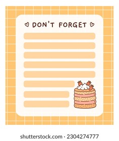 Cuidada de hacer una plantilla de lista con una tarta de fresa. Diseño kawaii de planificador diario, horario o lista de verificación. Perfecto para la planificación, el memorándum, las notas y la autoorganización. Ilustración dibujada a mano por vectores.