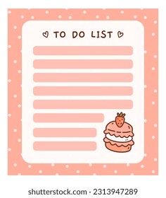 Plantilla de lista con un macarón de fresa. Diseño kawaii de planificador diario, horario o lista de verificación. Perfecto para la planificación, el memorándum, las notas y la autoorganización. Ilustración dibujada a mano por vectores.