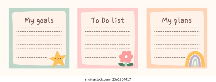 Cute to do list templates set. Kawaii design of daily planner, schedule or checklist. Perfect for agenda, planning, memo, notes, self-organization. Hand-drawn illustration. Stationery for children.