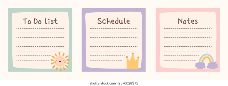 Cute to do list templates set. Kawaii design of daily planner, schedule or checklist. Perfect for agenda, planning, memo, notes, self-organization. Hand-drawn illustration. Stationery for children.