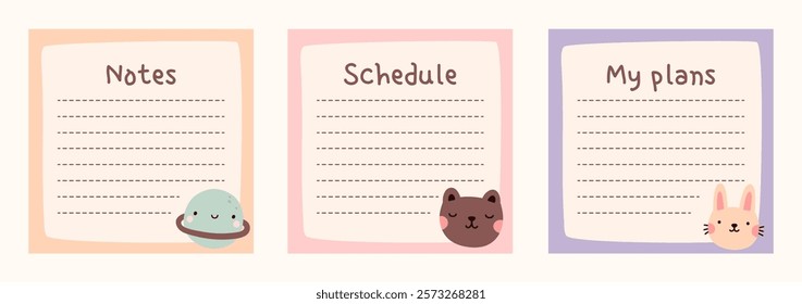 Cute to do list templates set. Kawaii design of daily planner, schedule or checklist. Perfect for agenda, planning, memo, notes, self-organization. Hand-drawn illustration. Stationery for children.