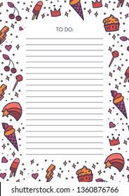 Cute To Do list with unicorn background for notes printable, Vector illustration.