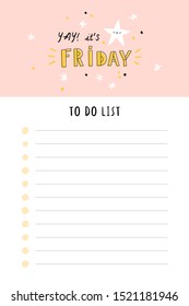 Cute To do list vector template. Printable and ready to use Check list of things to do. Funny and bright stationery with Quote of Day of the week.