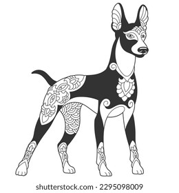 Cute doberman dog design. Animal coloring page with mandala and zentangle ornaments