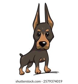 Cute Doberman puppy. Colored vector illustration of a funny dog. Hand drawn character isolated on white background