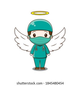 Cute doctor with angel wings. Vector illustration of chibi character isolated on white background.
