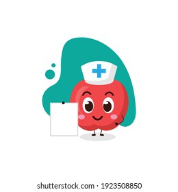cute Doctor apple hold blank table. illustration for business, t shirt, sticker, card or poster design.kawaii cartoon illustration.funny healthy food illustration.