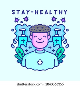 Cute Doctor cartoon character with hand sanitizer protection against virus doodle illustration. Medical healthcare concept illustration 