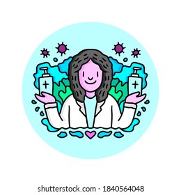 Cute Doctor cartoon character holding hand sanitizer protection against virus.   Medical healthcare concept illustration 