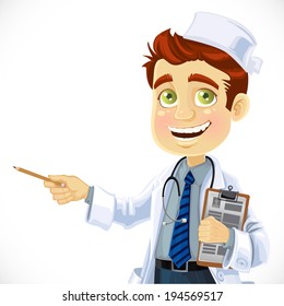 Cute doctor - explains something. Portrait of men