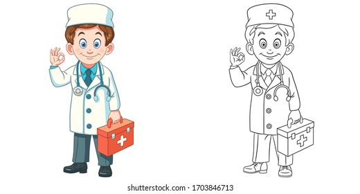 Cute doctor with first aid kit showing okay hand sign. Coloring page and colorful clipart character. Cartoon design for t shirt print, icon, logo, label, patch or sticker. Vector illustration.