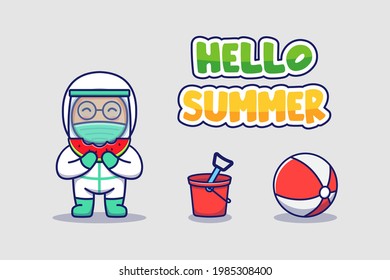 Cute doctor with hello summer greeting banner